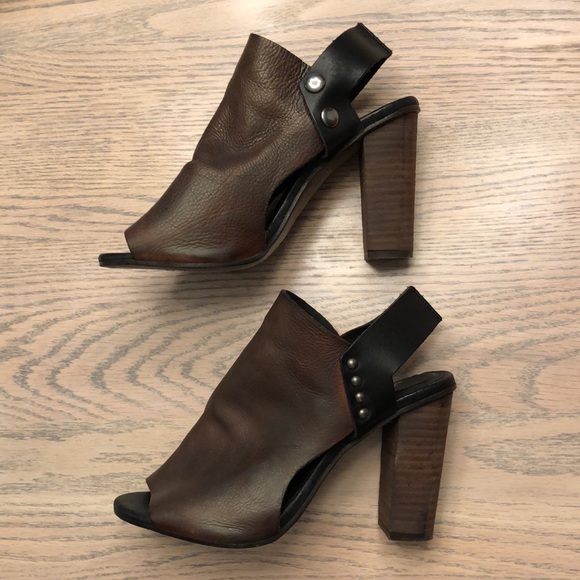 Free People Chocolate Brown/Black Leather Peep-toe Slingback with Wooden Heel 37 - Picture 5 of 12